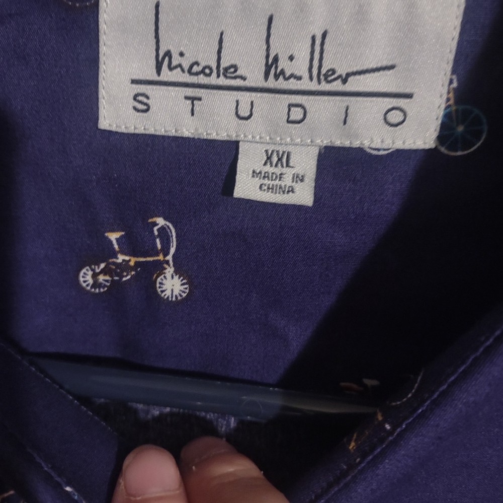 Men's Nicole Miller Studio blue long sleeve button up shirt With Bicycle Print‎ - Picture 4 of 5